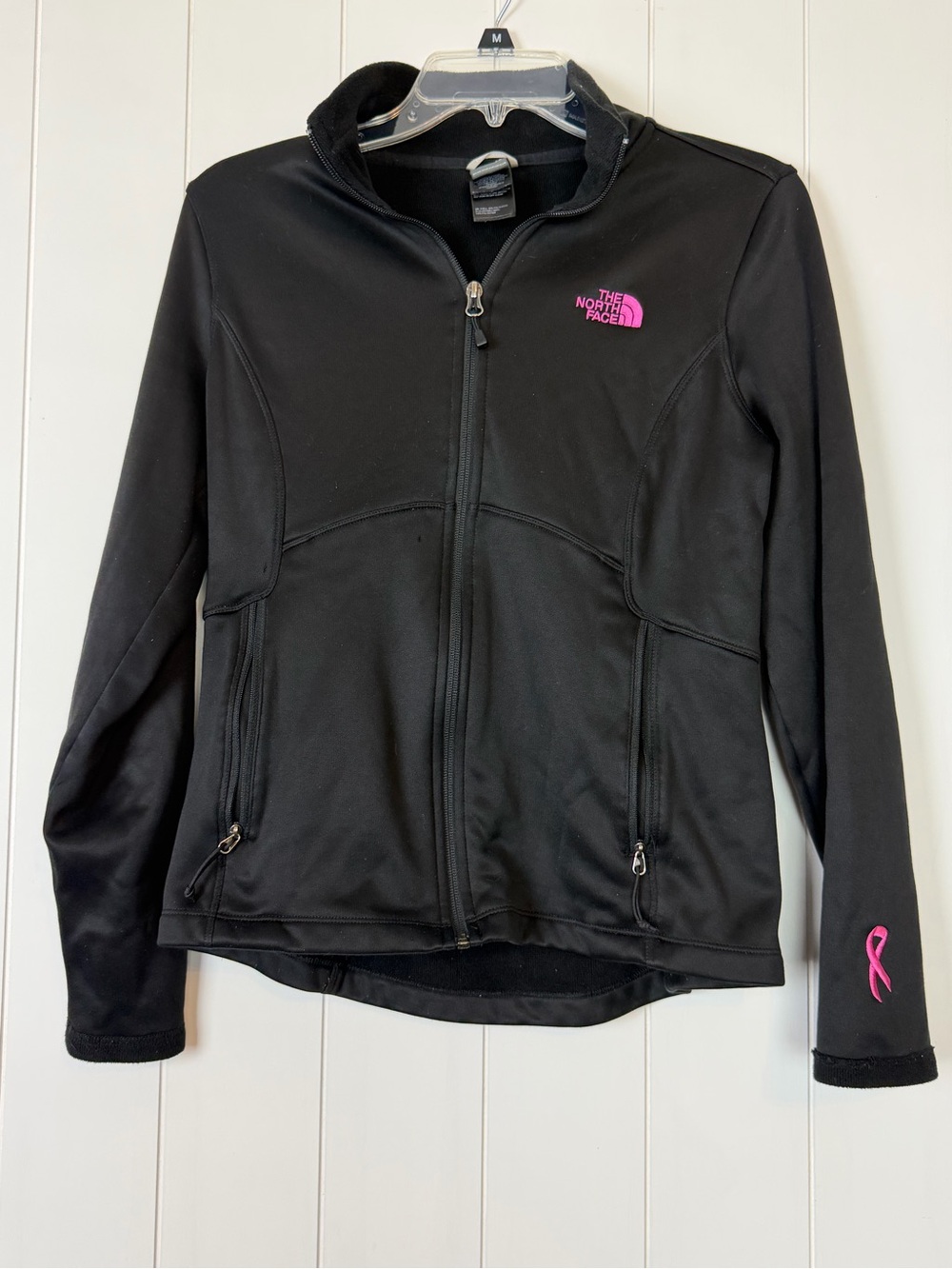 The North Face Black Jacket with Pink Logo and Sleeve Ribbon